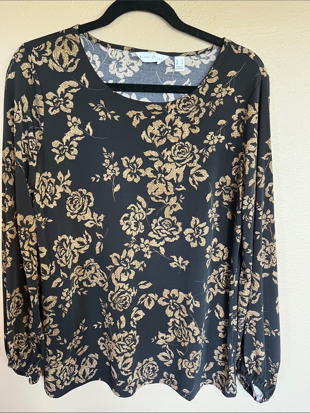 Susan Graver Black Top with Gold Floral Print - Long Sleeve
